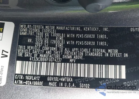 2015 Toyota Venza Xle V6 из США, поврежденный, VIN 4T3ZK3BB6FU074237